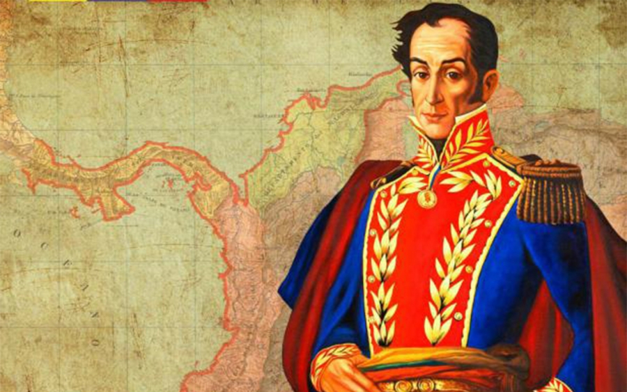 Portrait of Simon Bolivar with a map behind it